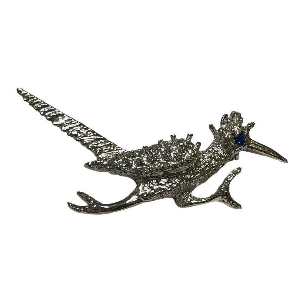 VTG Silver Tone Blue Rhinestone Road Runner pin